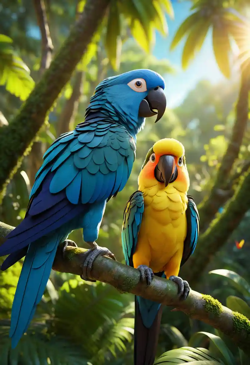 Two tropical parrots perched together on a sunlit forest branch