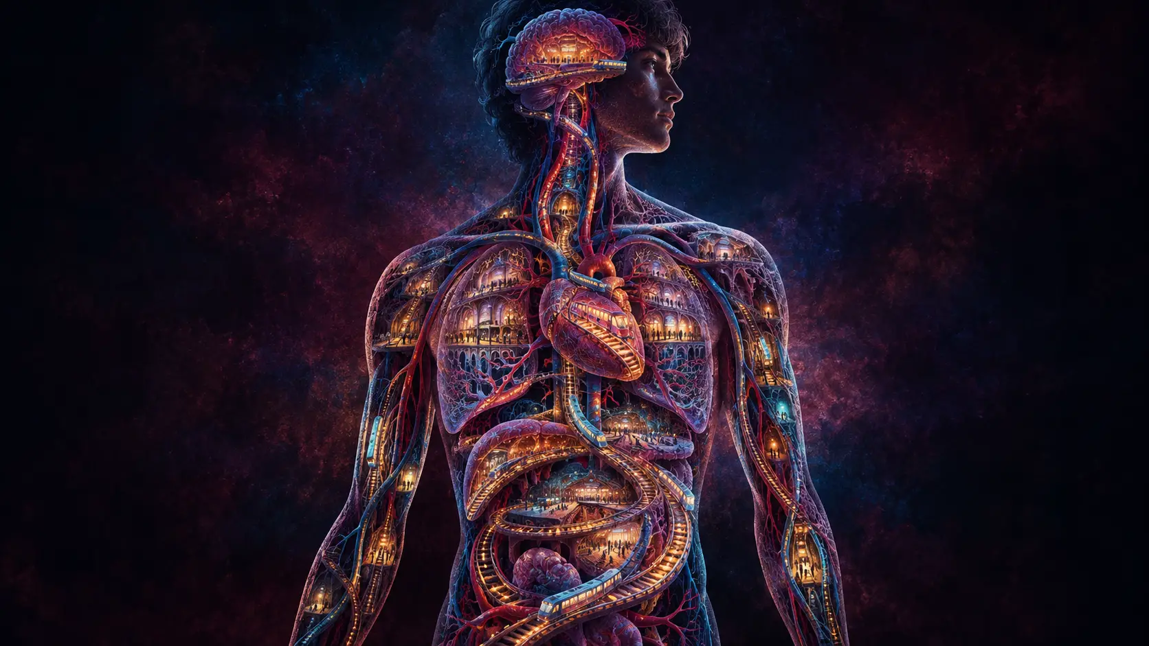 Uma figura solitária revela uma ferrovia luminosa que serpenteia pelo corpo humano