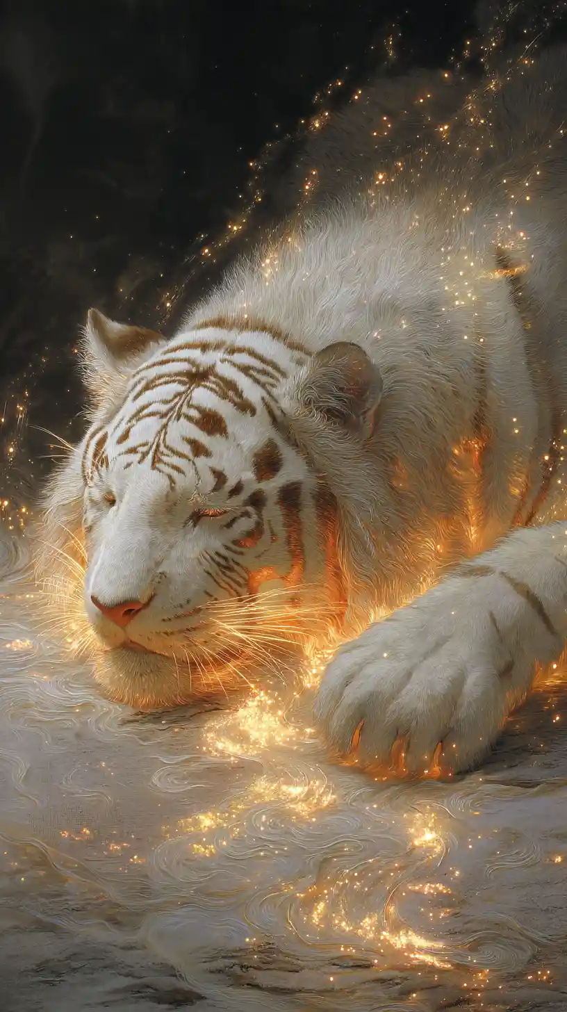Un tigre blanco colosal descansa bajo un antiguo cielo nocturno chino