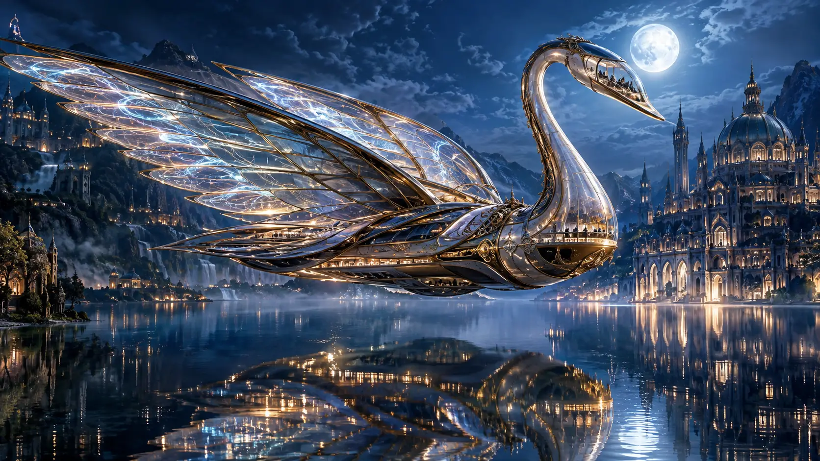 Una aeronave metálica con forma de cisne se desliza sobre un lago iluminado por la luna junto a colosales palacios