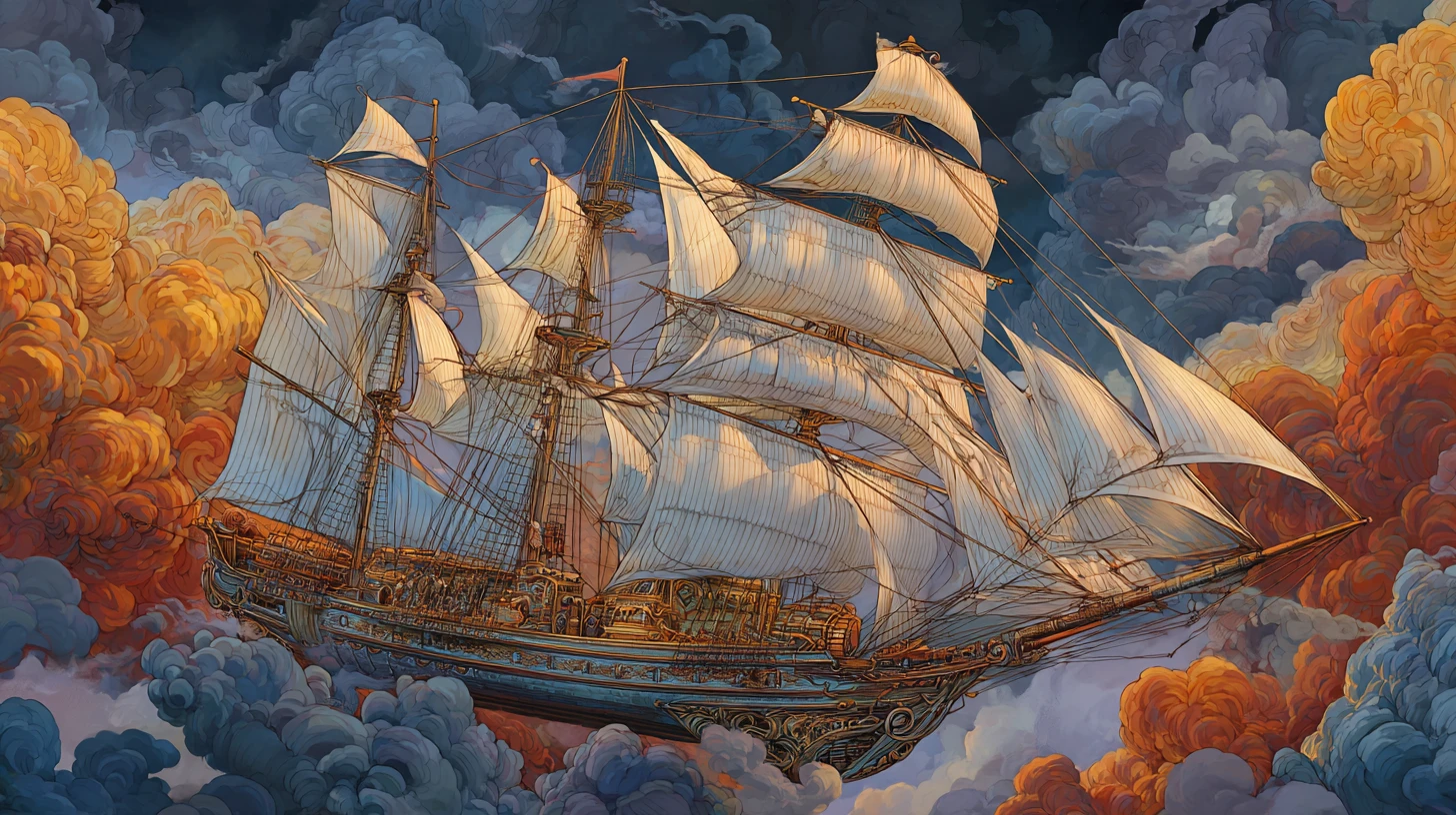 A steam-powered clipper ship racing through turbulent autumn skies