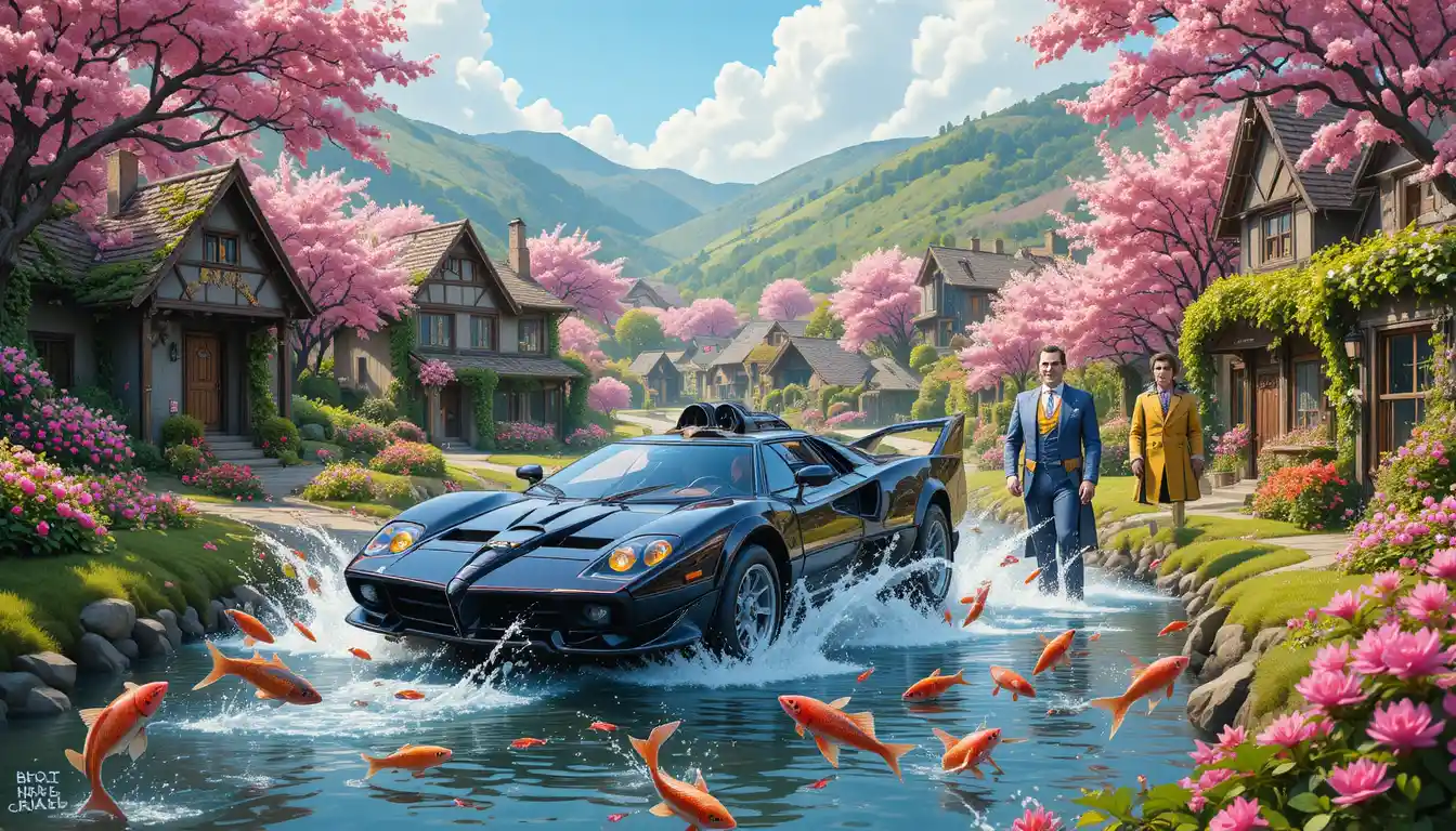 Une Batmobile traverse une rivière tandis que des poissons bondissent près des cerisiers en fleurs