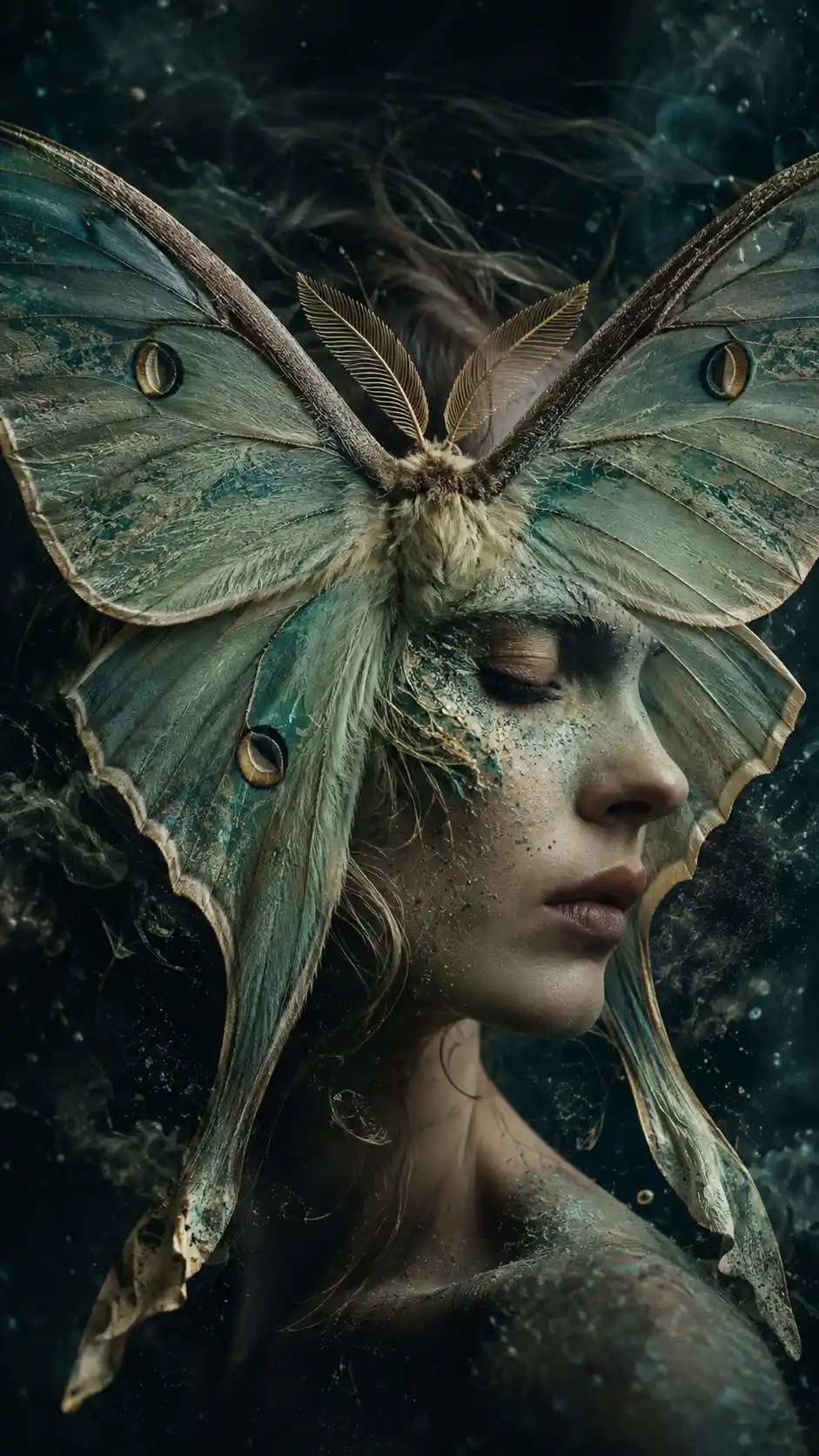 El perfil oculto de una mujer emerge entre las alas de una polilla luna