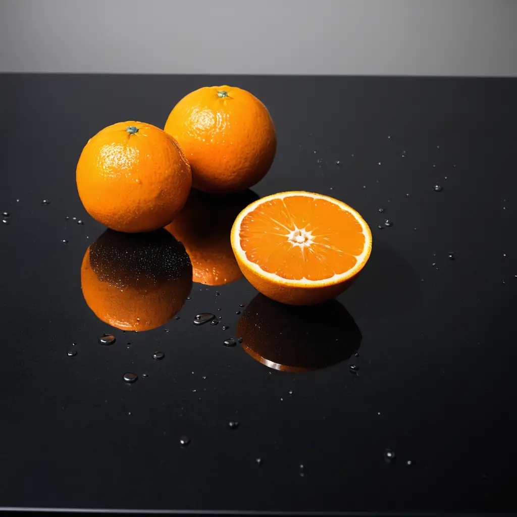 A halved orange on a reflective black table with juice drops