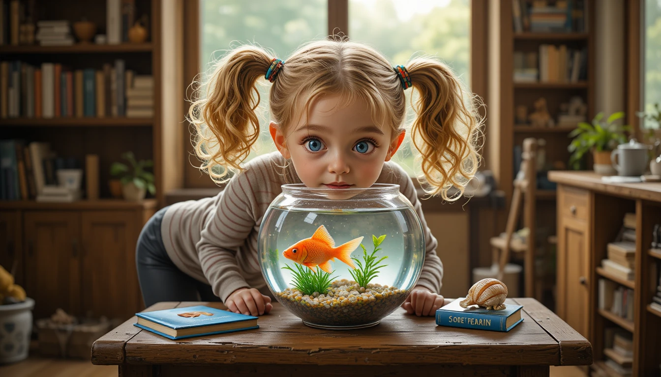 Una niña curiosa observa un pez dorado naranja en una pecera de cristal
