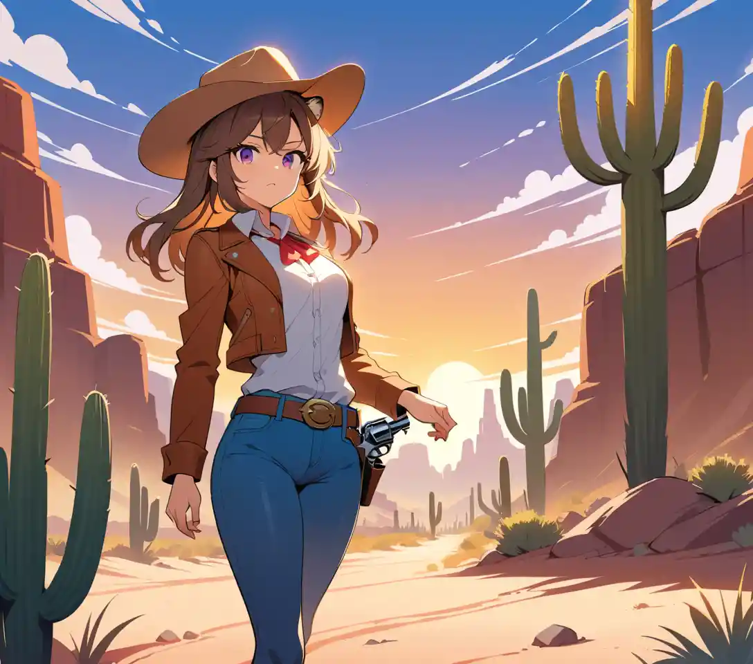 Garota tigre de anime vestida de cowboy em um cânion no deserto