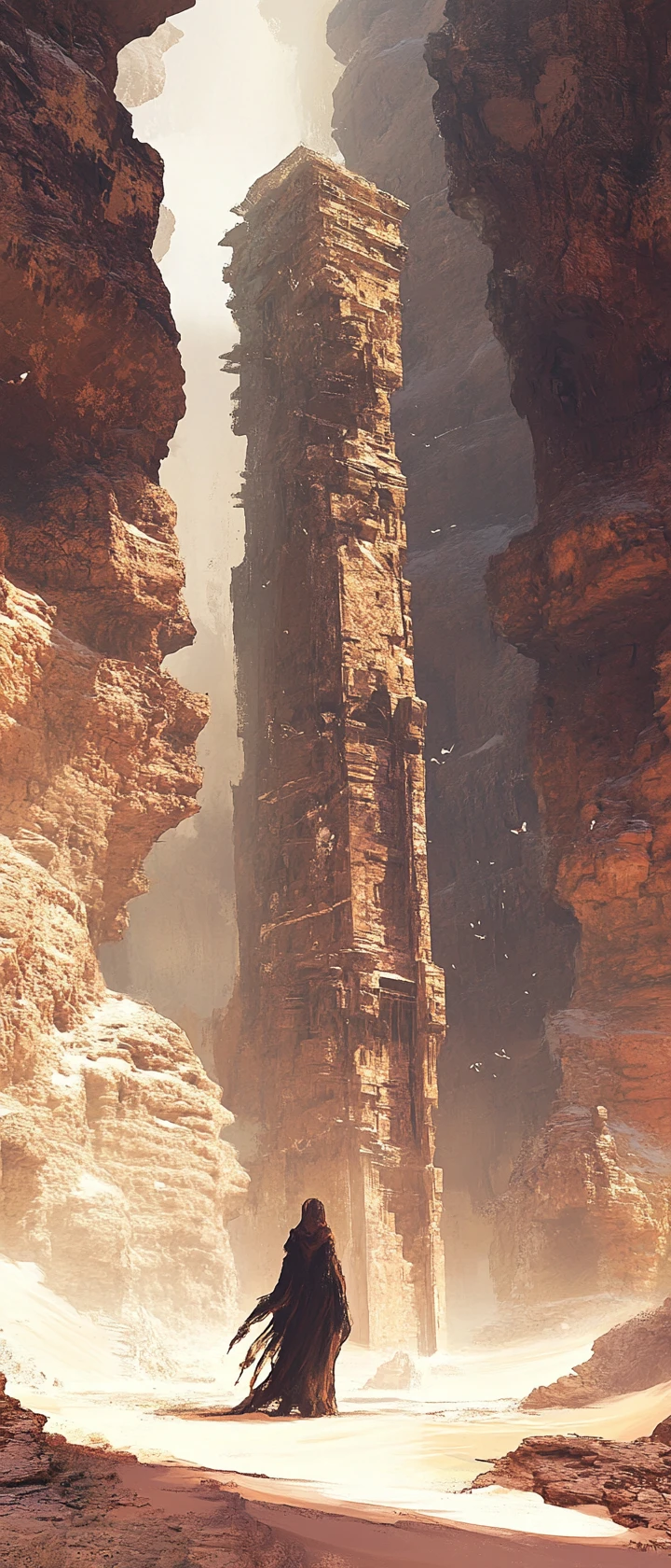 A spectral figure stands amid ancient stone ruins in a surreal desert