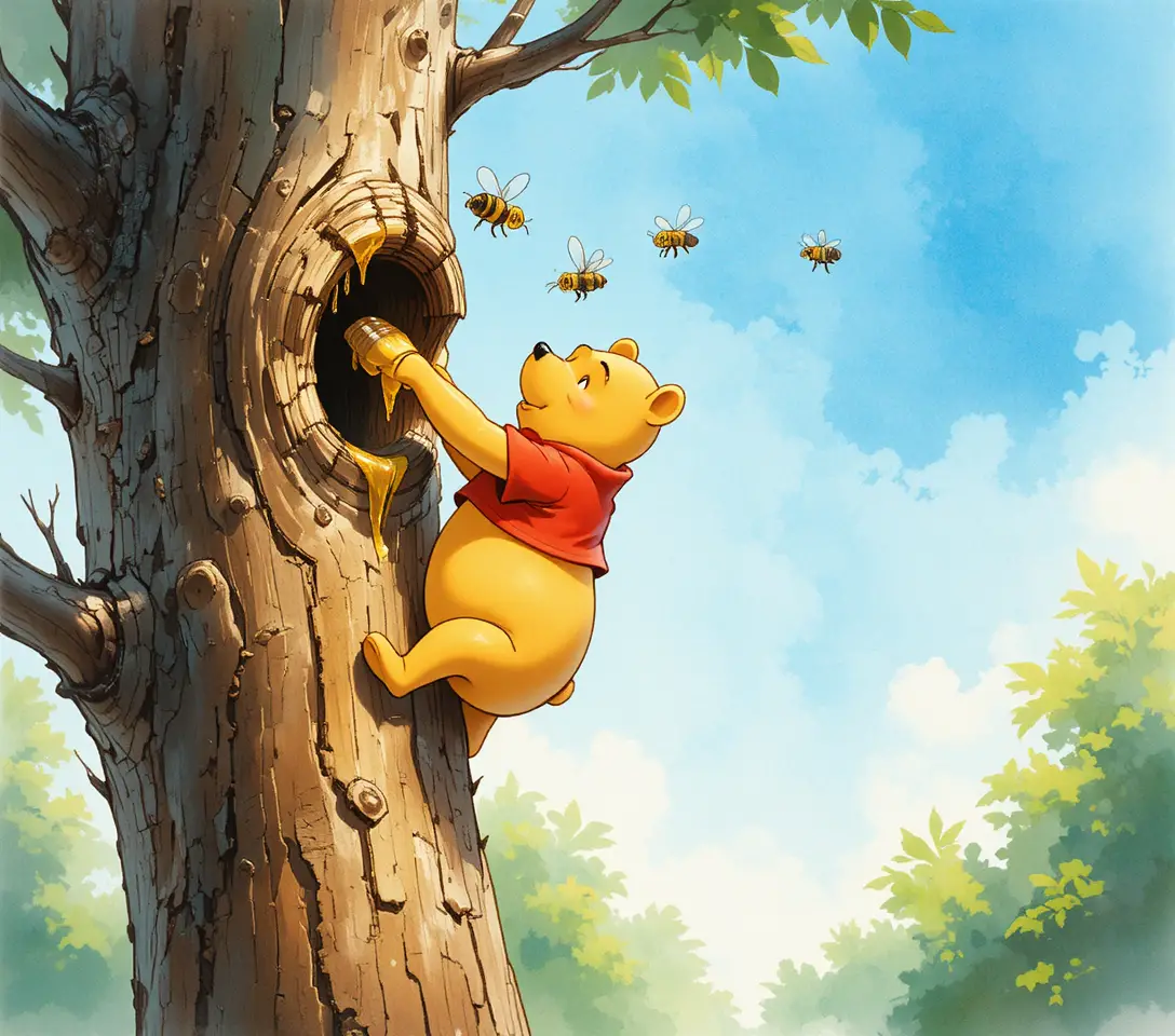Winnie the Pooh Reaches Into a Tree Trunk for Honey
