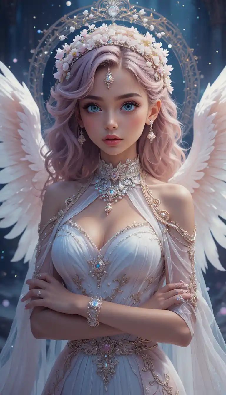 Anime girl healer with copper waves, flower crown, and rosy wings