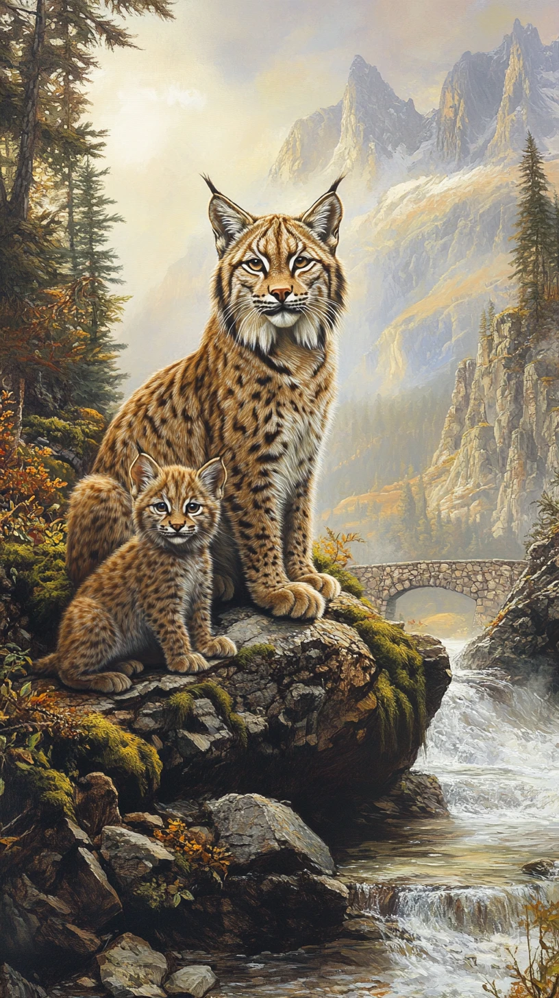Una madre lince y sus crías se reúnen junto a un arroyo soleado en un bosque alpino