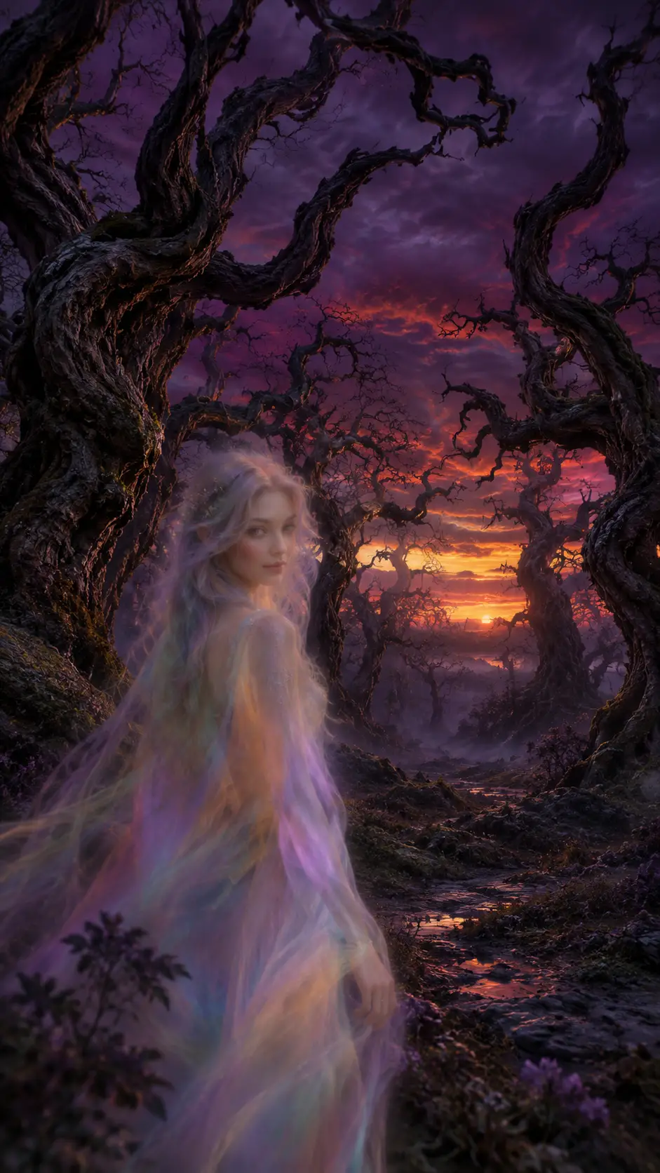 Twisted trees reach across a shadowy forest beneath a crimson dusk sky