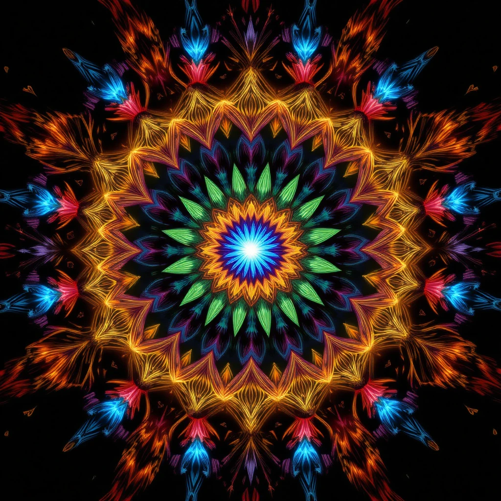 Un vibrante mandala irradia colores geométricos sobre un fondo negro profundo