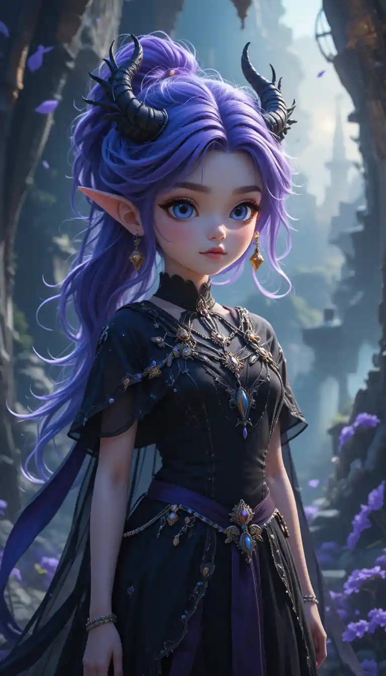 An eleven-year-old fantasy girl with violet hair, fairy wings, and demon horns