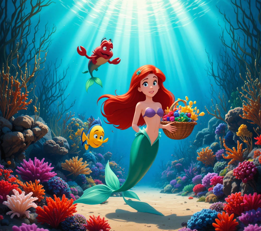 A young mermaid holds a coral basket in a sunlit underwater world