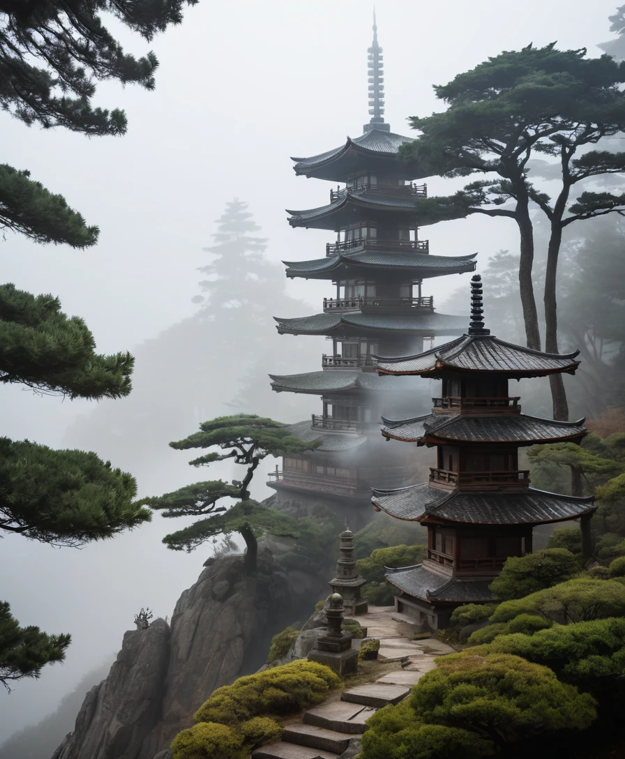 Una pagoda de varios niveles emerge entre la niebla sobre una colina tranquila