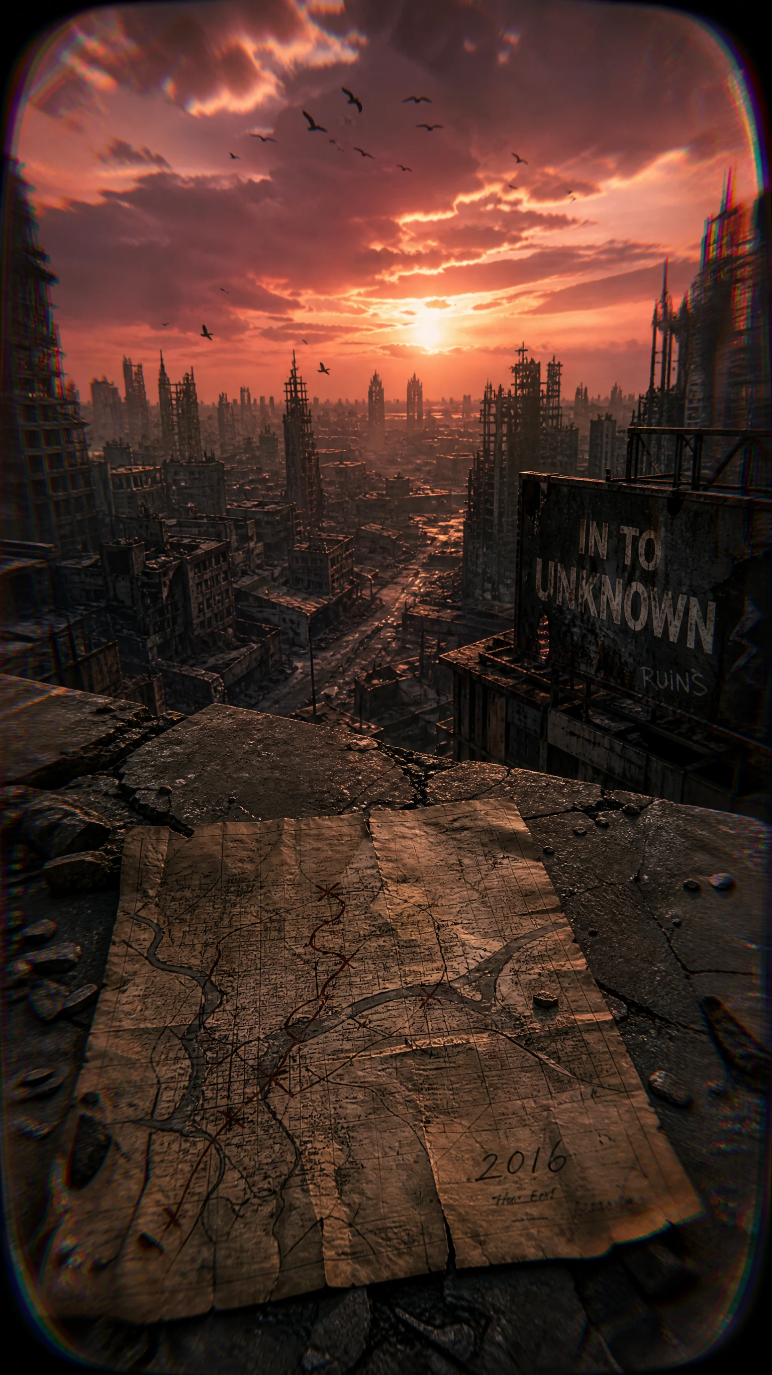 Un mapa desgastado contempla una ciudad esquelética bajo un tormentoso cielo al atardecer