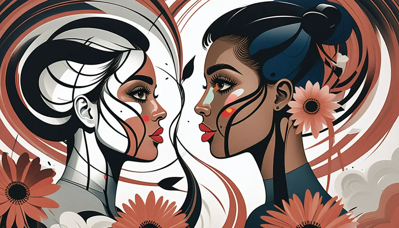 Ilustración surrealista satírica que contrapone flores, un tornado y rostros de personas negras