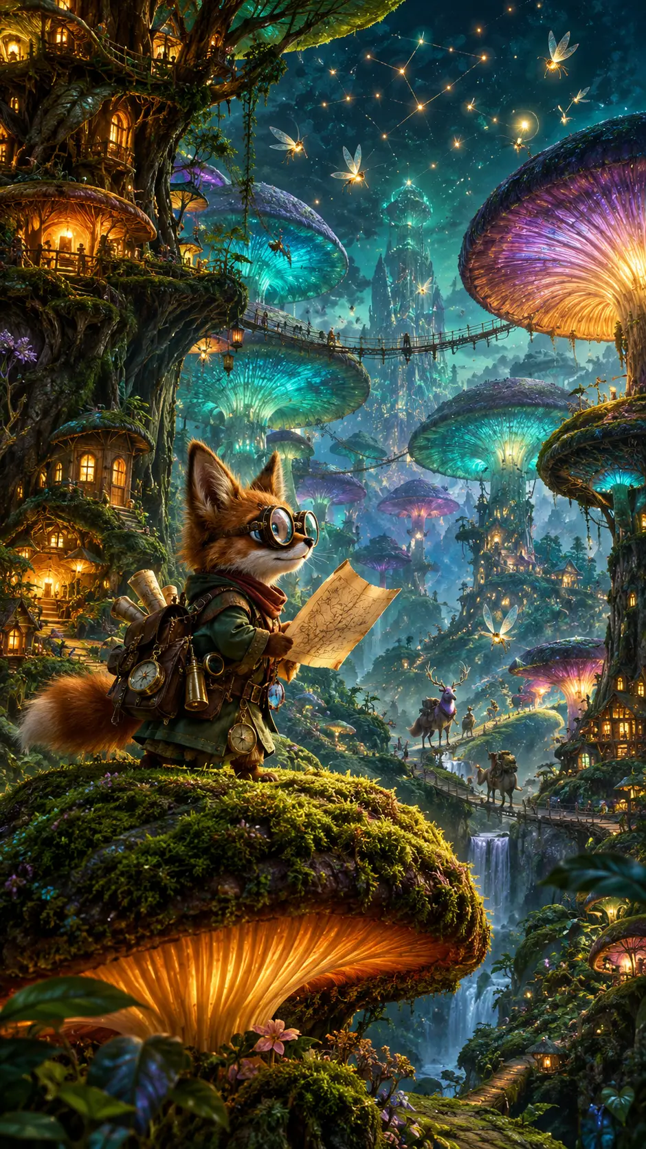 Uma raposa exploradora mapeia uma floresta luminosa do alto de um cogumelo coberto de musgo
