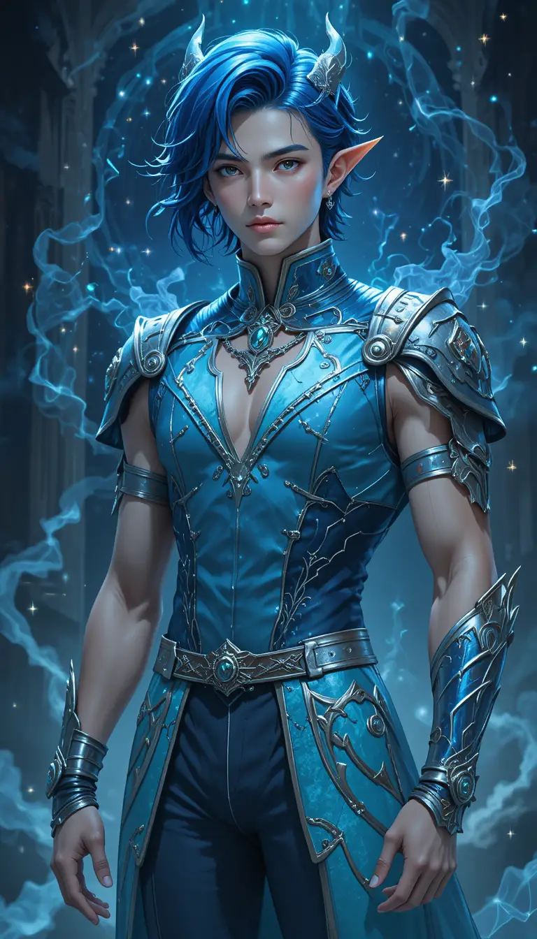 A Young Anime Dragon-Horned Man in Blue and Silver Armor