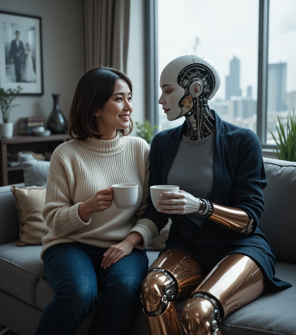 Una donna e un cyborg bevono il tè in un tranquillo soggiorno