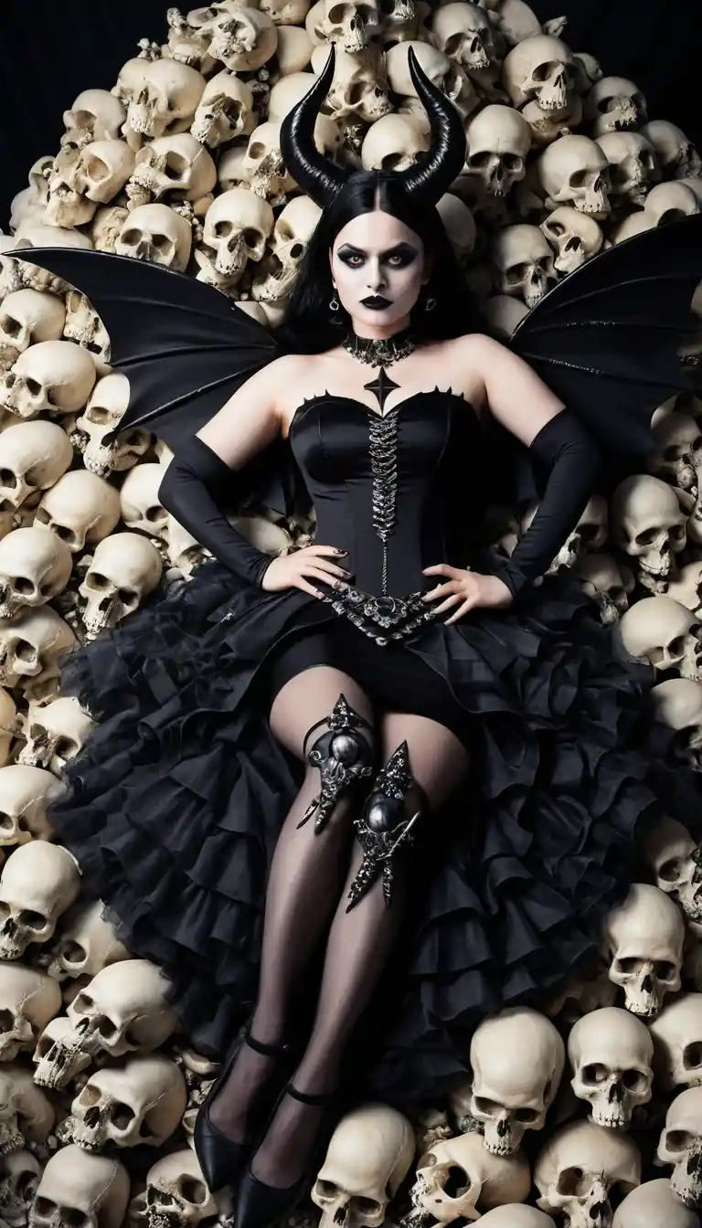 A Goth Girl Reclines on a Skull Pile in Witchblade Cosplay