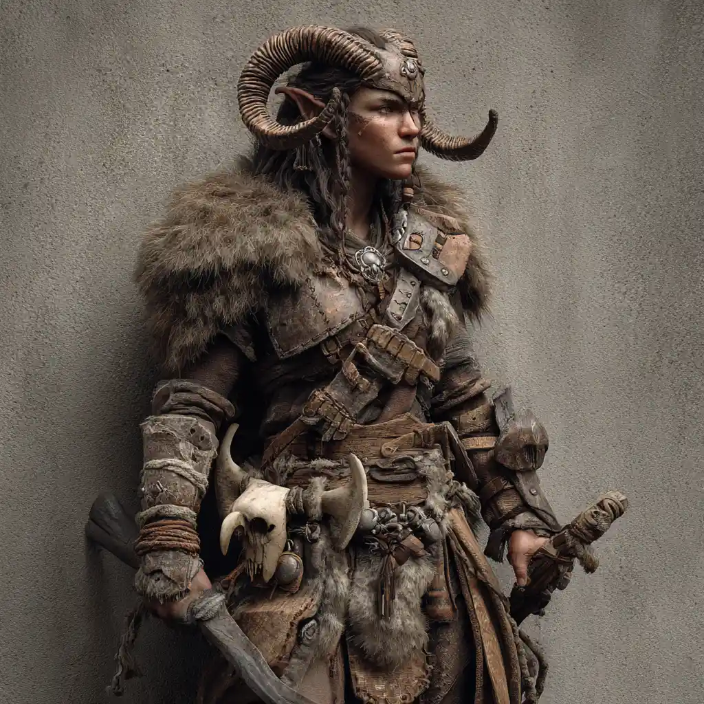A tiefling barbarian with primitive bone weapons, leather, and fur