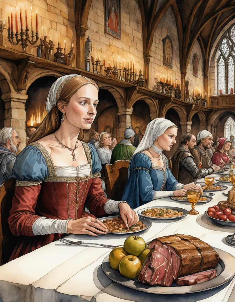 Una noble medieval disfruta de un banquete en el salón de un castillo