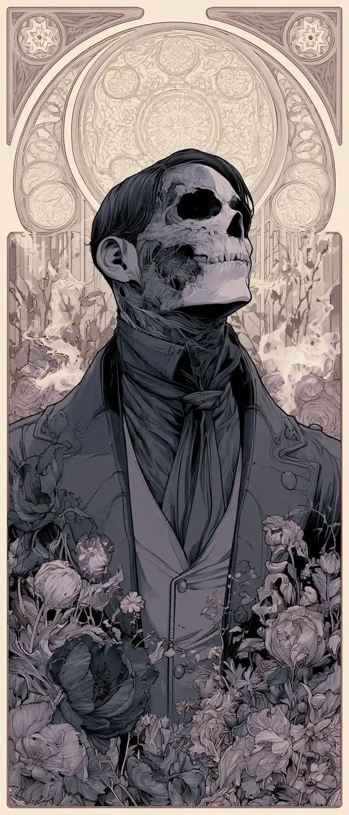 A half-skull grim reaper walks through a garden of rotting flowers