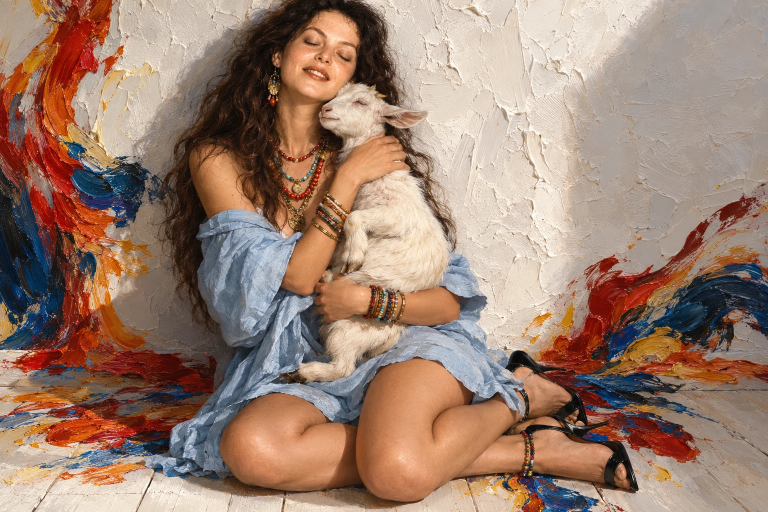 A Young Woman Holds a White Goat Against a Textured White Wall
