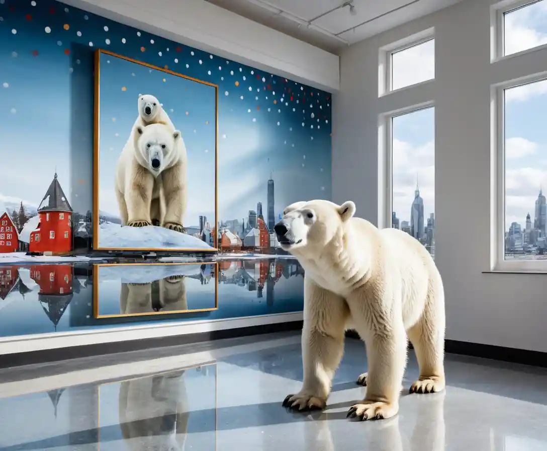A Polar Bear Photographs a Framed Portrait of a Bear with a Pearl Earring