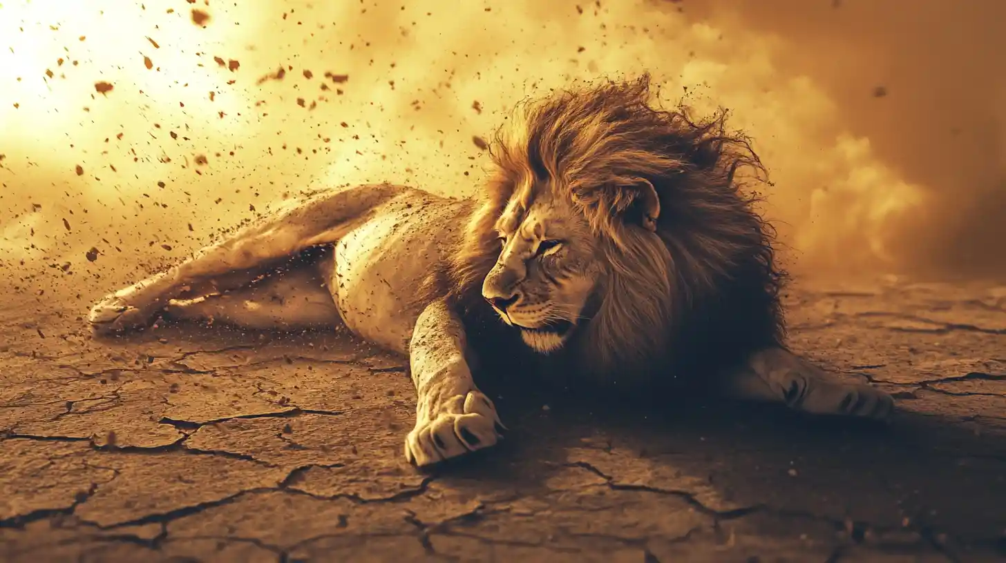 A lion stretches across a cracked surface as its mane fades into ash