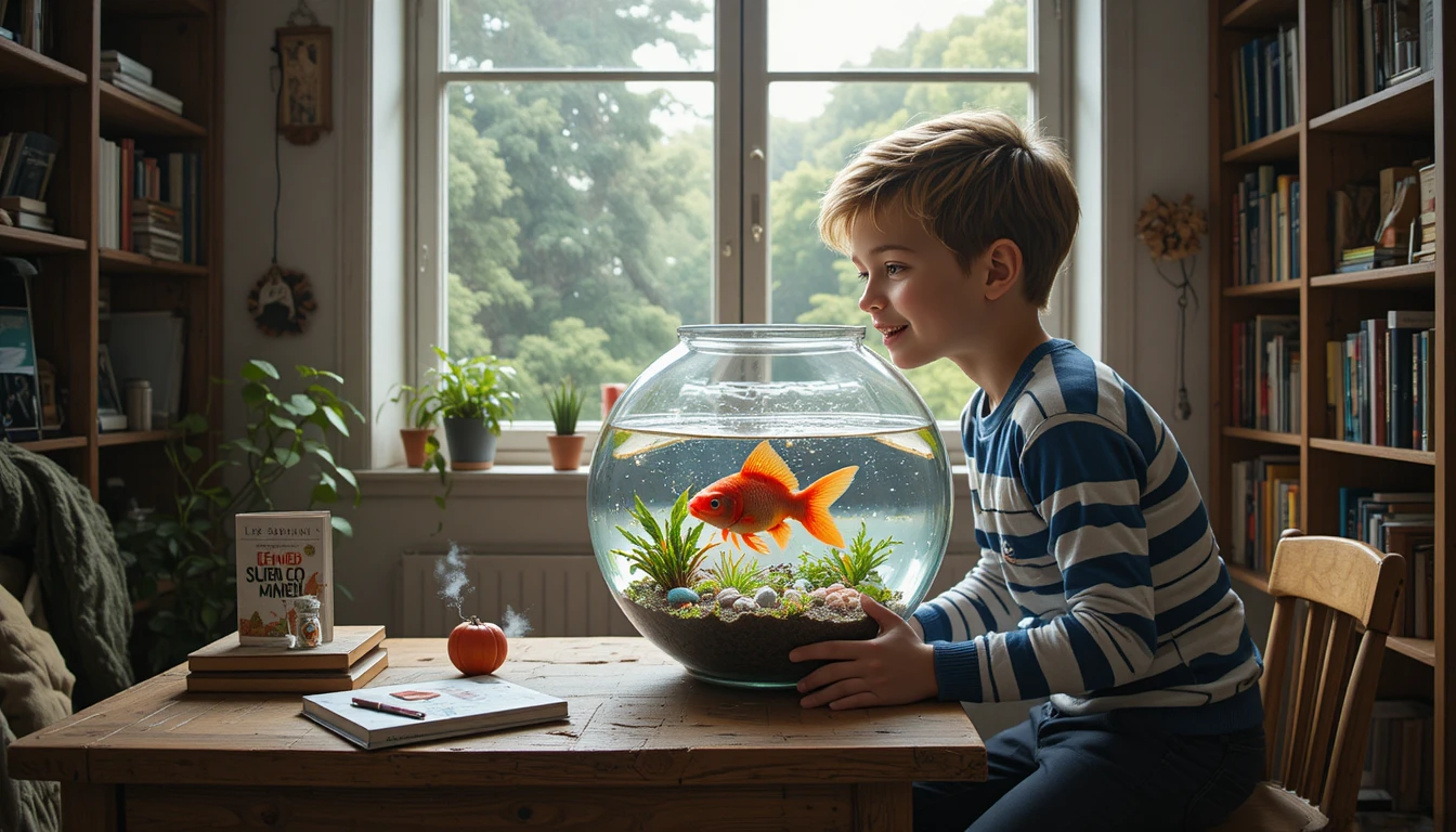 Un bambino sorride a un pesce rosso in una boccia di vetro