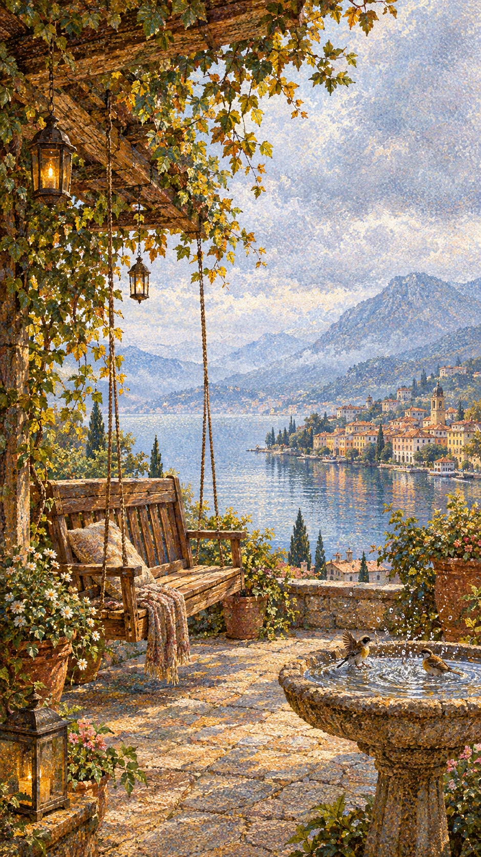 A pointillist lakeside porch overlooking a quiet town and distant mountains