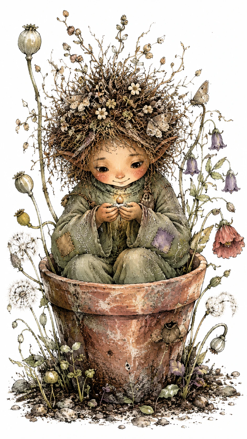A woodland child holds a glowing seed inside an antique flowerpot