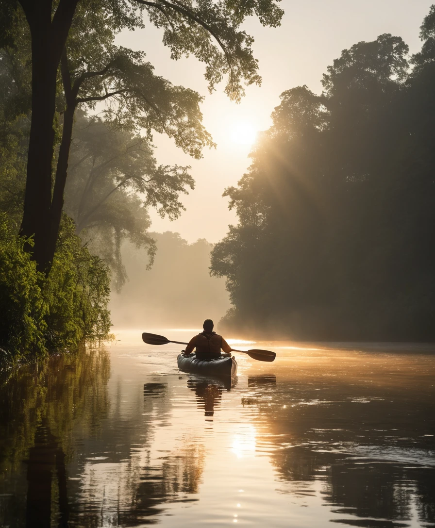 Un hombre navega en kayak por un río brumoso al amanecer