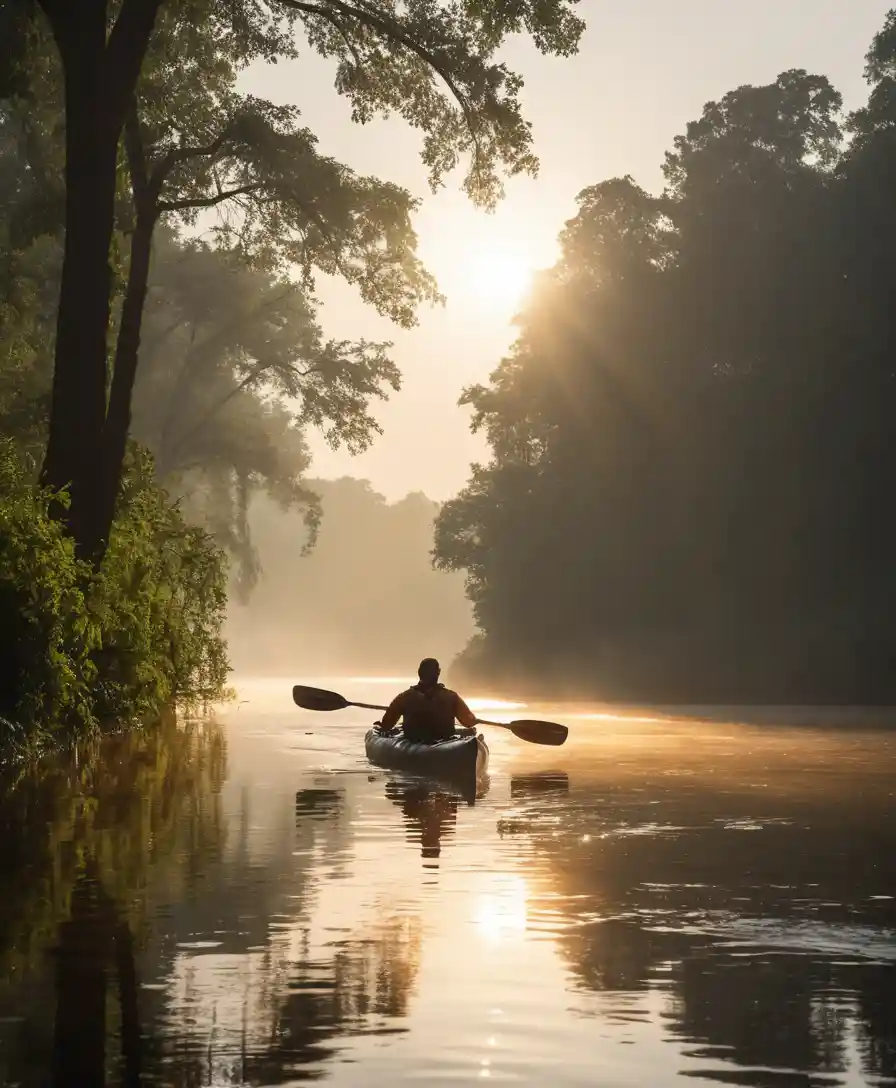 Un uomo pagaia in kayak su un fiume nebbioso all'alba