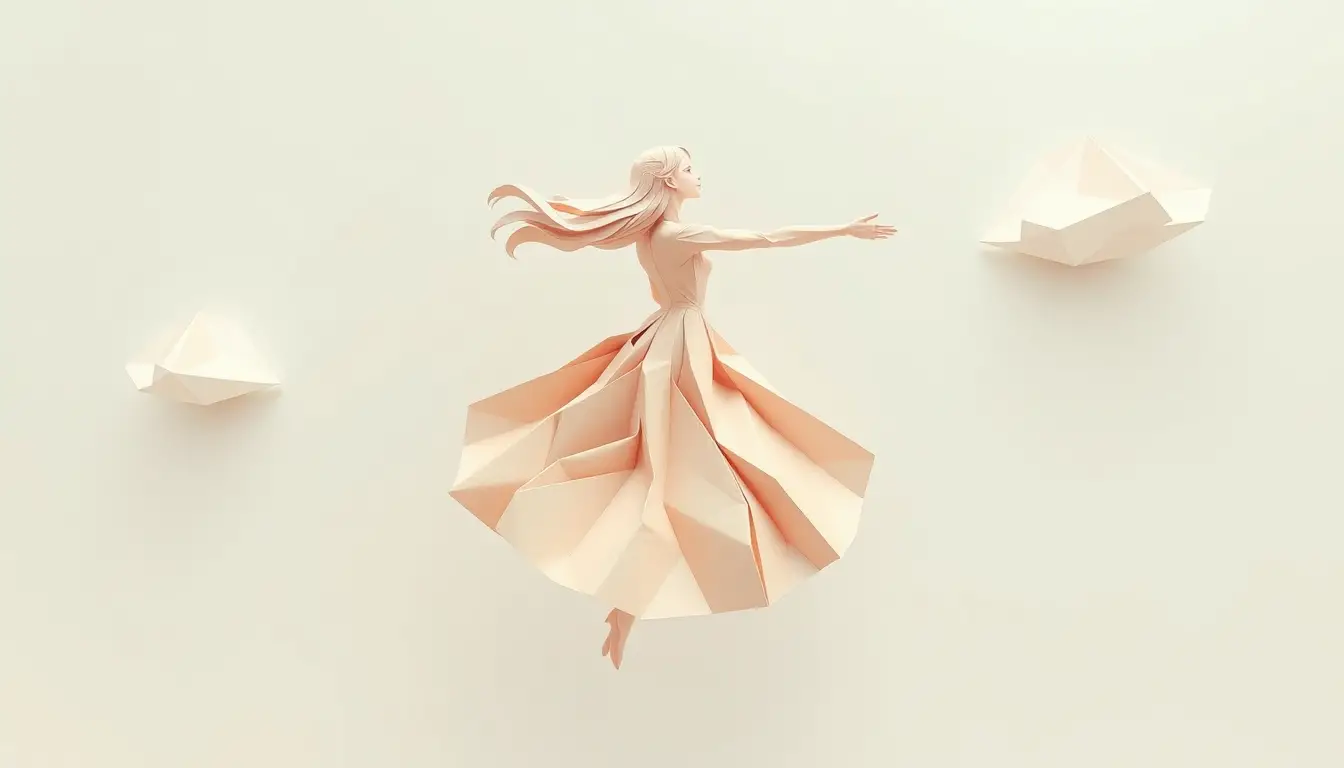Ein Origami-Anime-Mädchen schwebt durch einen sanften, traumhaften Himmel