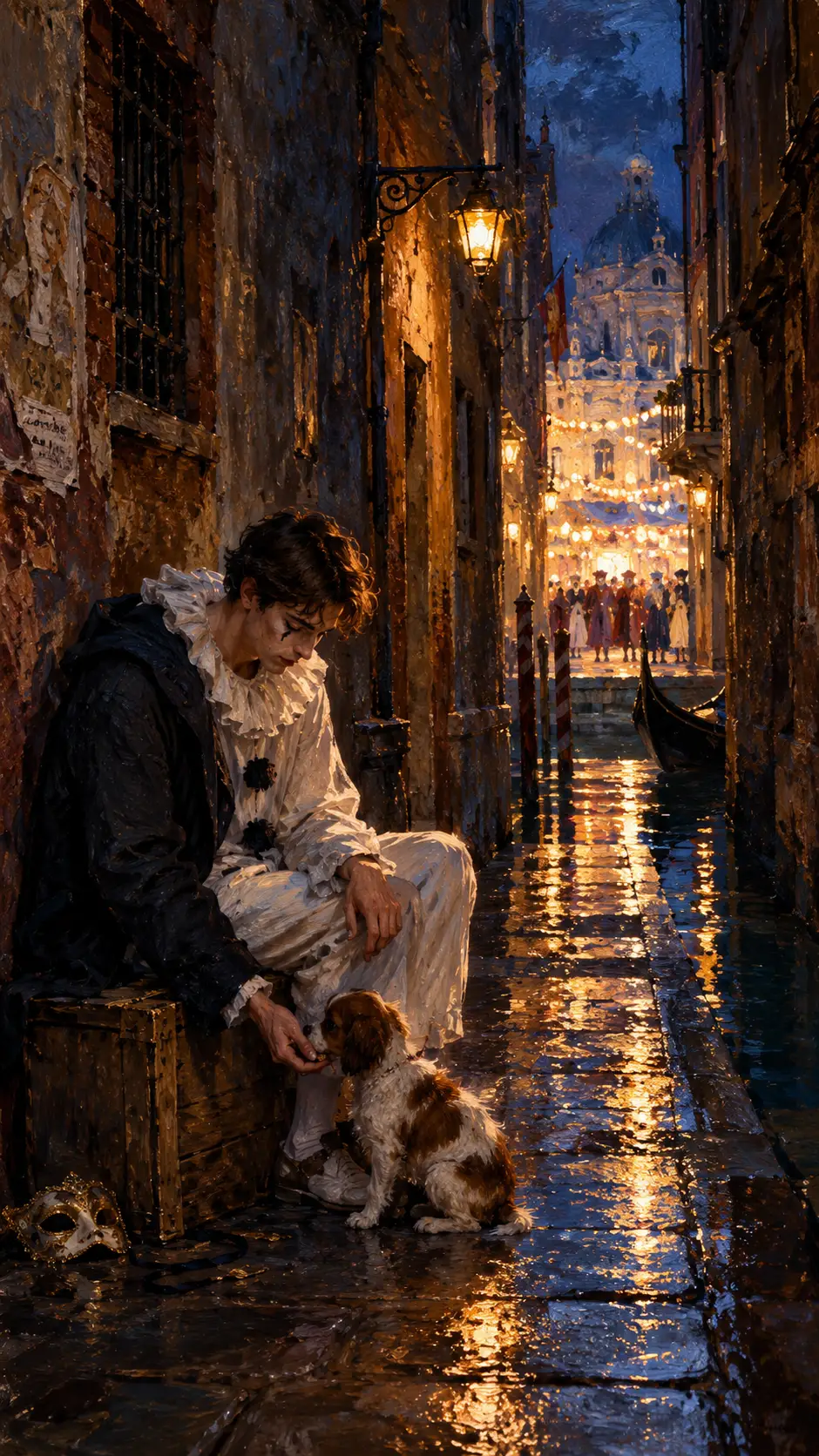 Un artista de Pierrot da de comer a un cachorro en un tranquilo callejón veneciano