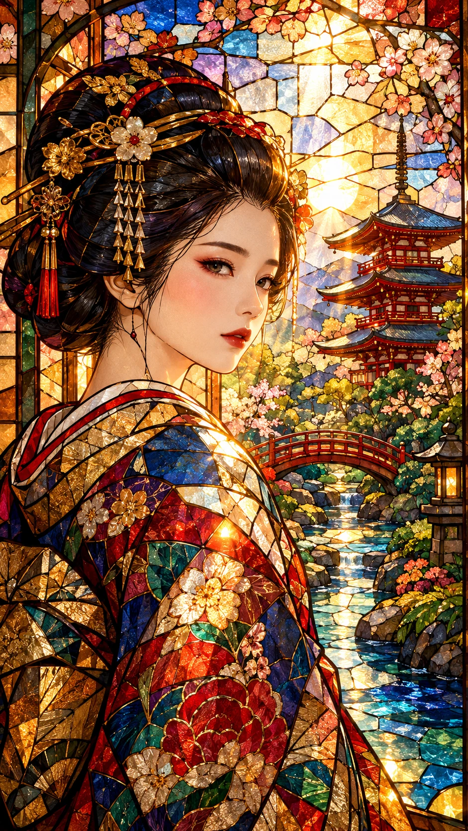 Retrato de una geisha japonesa en una vidriera radiante