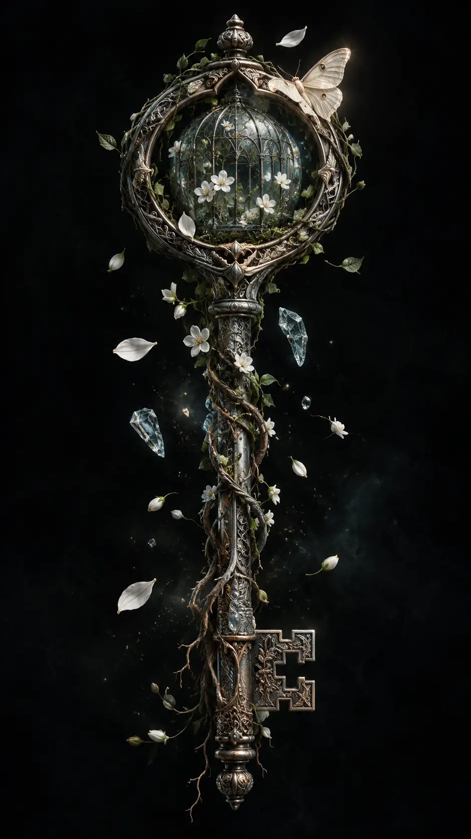 An Engraved Silver Key Holds a Tiny Greenhouse of White Flowers