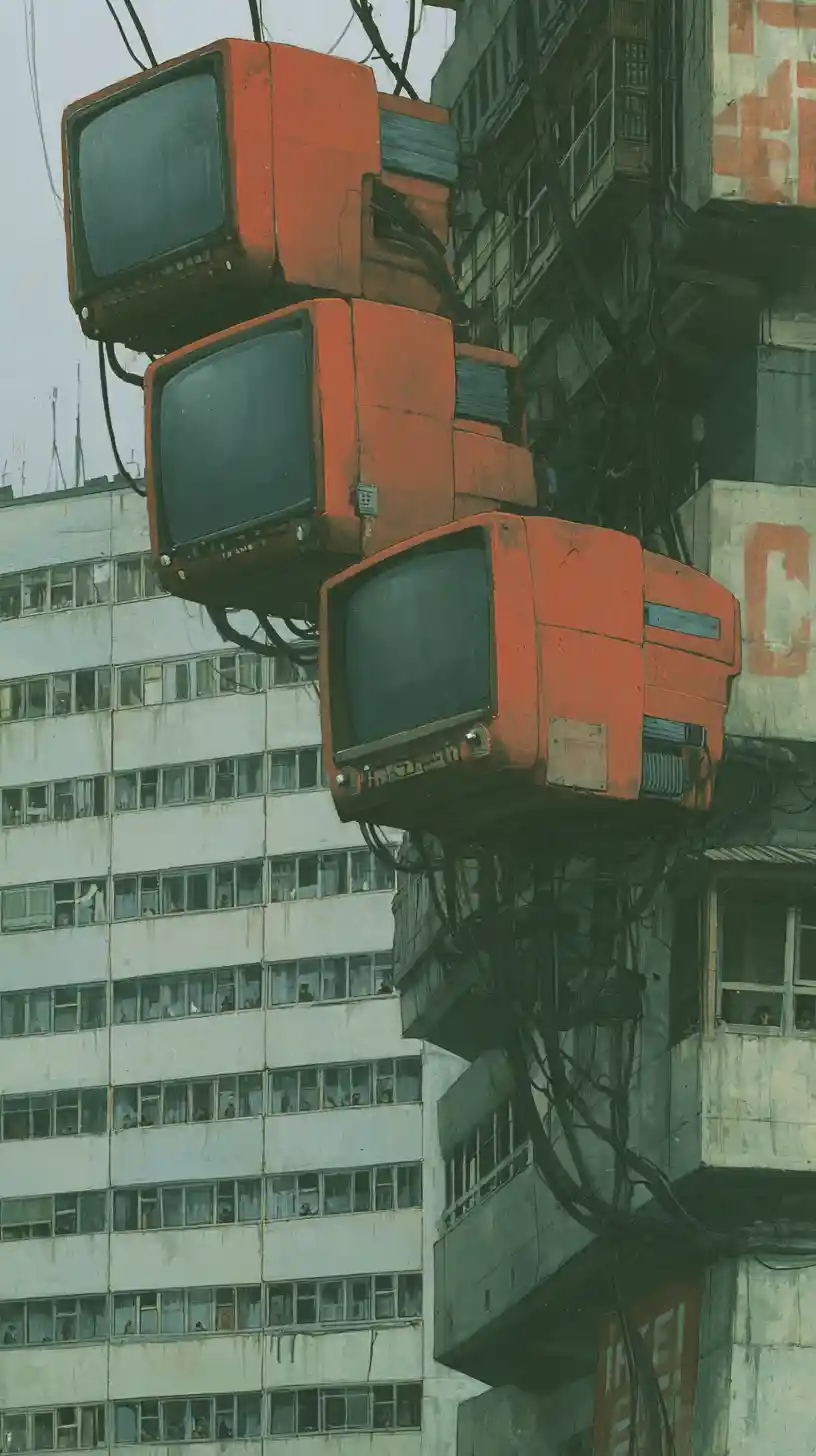 Riesige Bildschirme türmen sich über einer brutalistischen Stadt in einer dystopischen Illustration