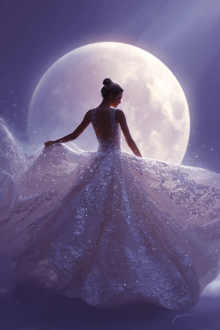 A Girl in a Sparkling Dress Before a Vast Glowing Moon