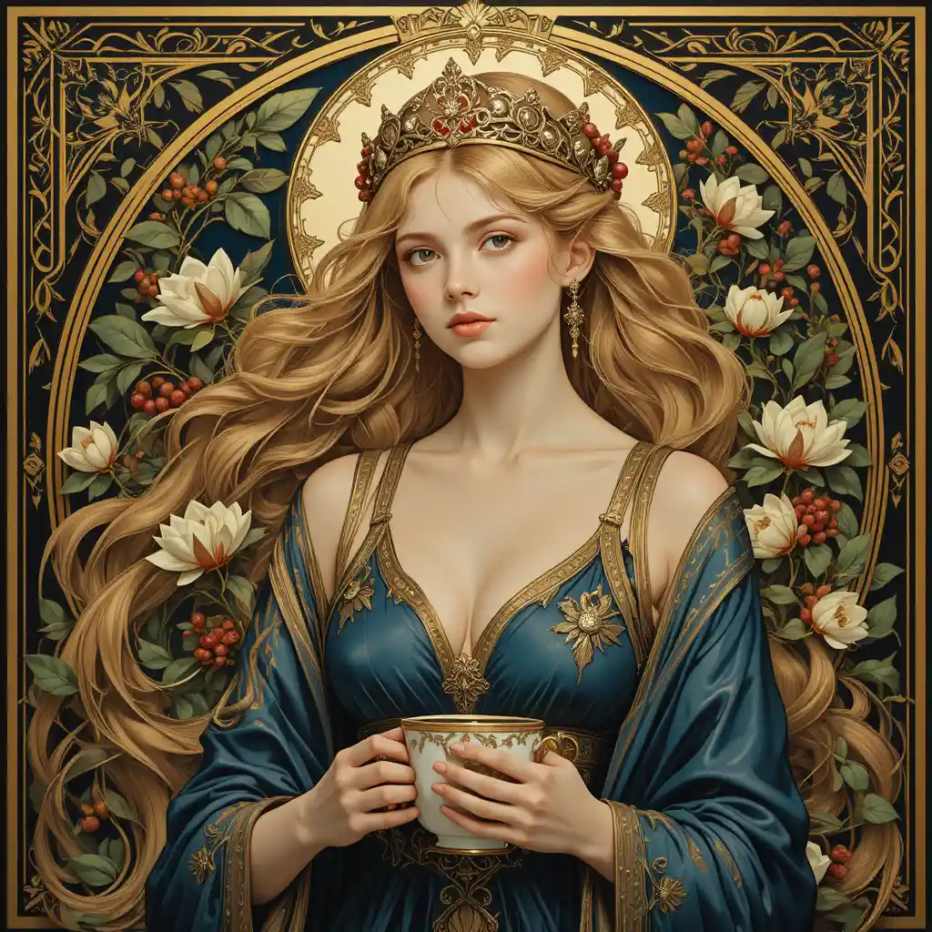 Una diosa del café sostiene una taza de porcelana entre ramas de cafeto en flor