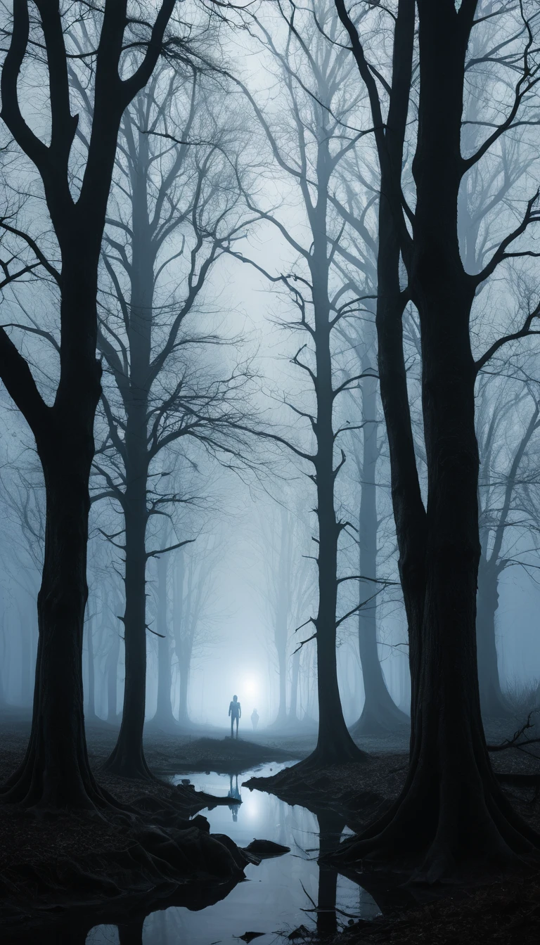 Glowing figures stand among skeletal branches across a twilight field