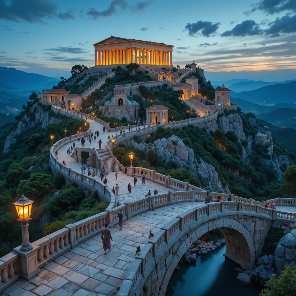 Un complejo de templos de la antigua Grecia junto a un sendero de montaña al anochecer