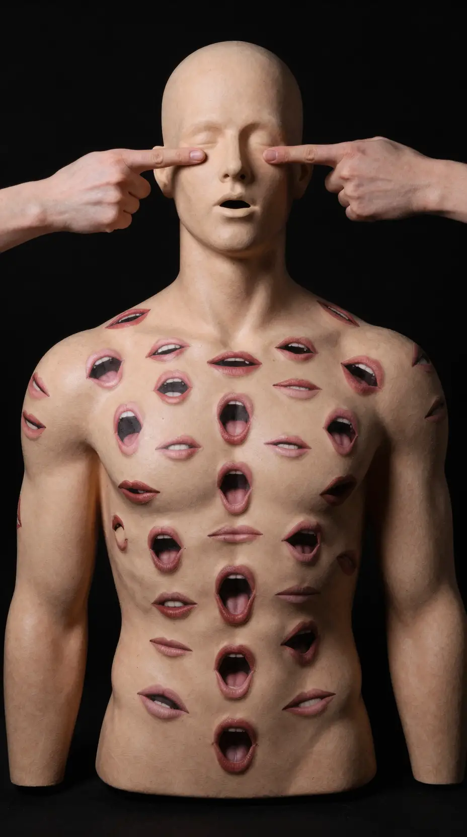 Escultura de un torso humano cubierto de bocas bajo unas manos que sujetan su cabeza