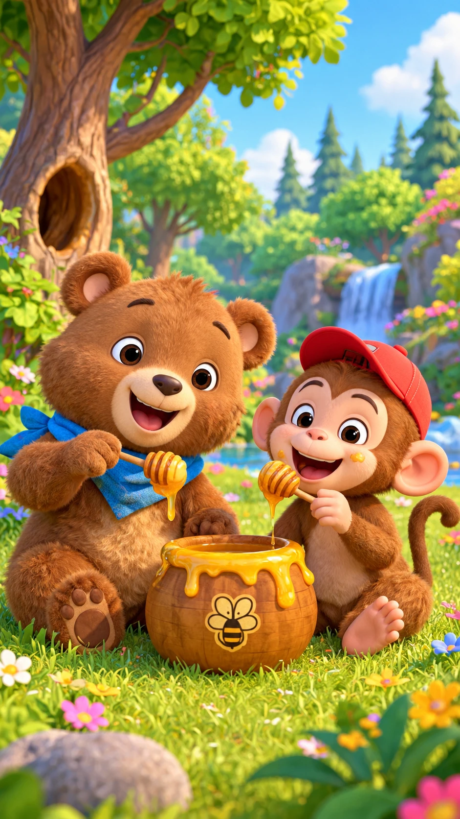 Un oso y un mono comparten miel en un bosque de dibujos animados lleno de color