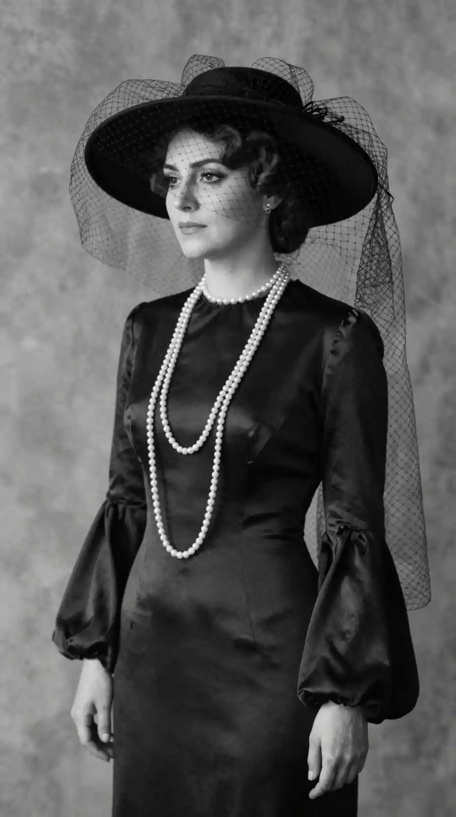 A monochrome portrait of a woman in pearls and veil