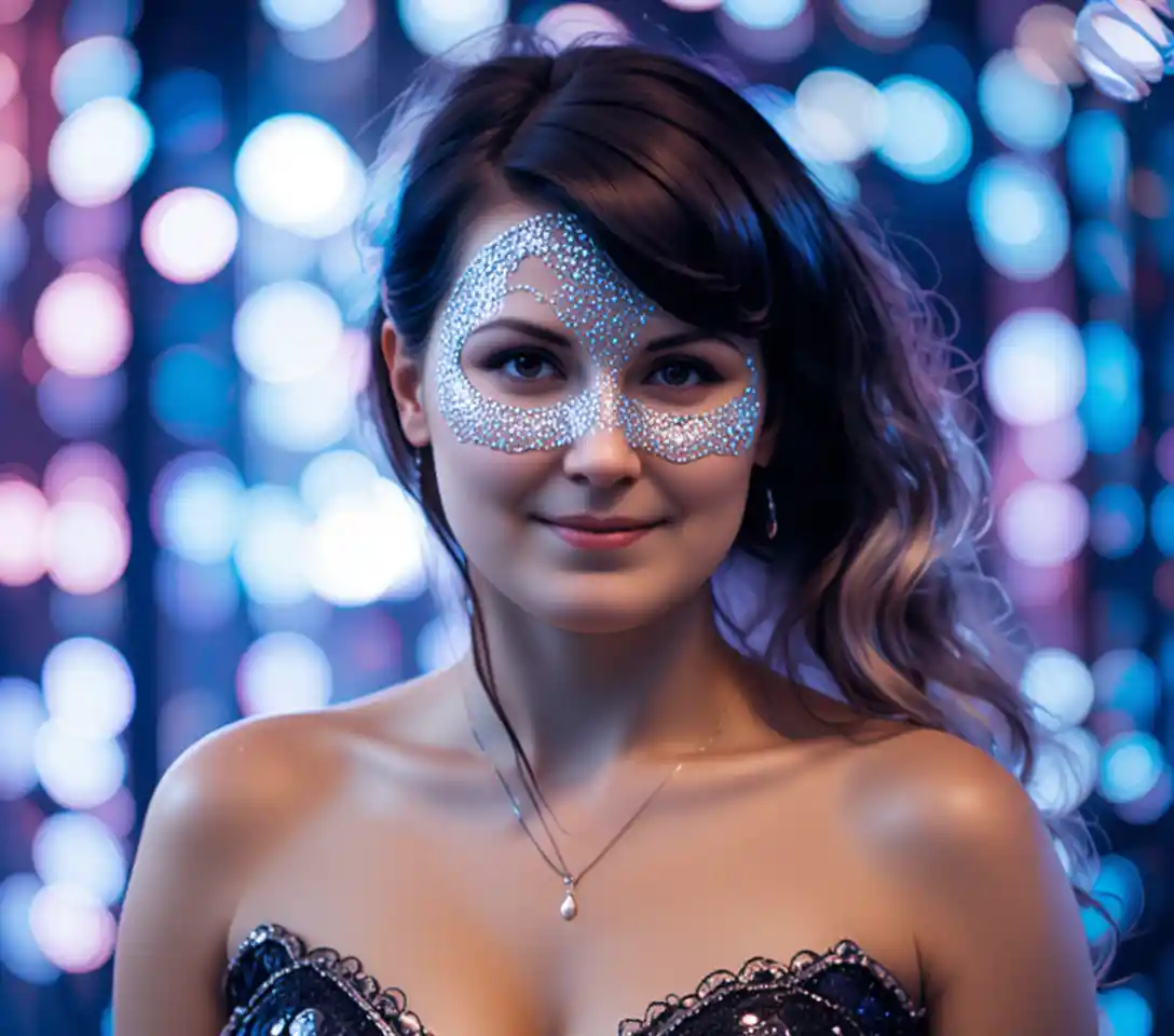 A woman in an ornate half-face mask poses on a disco stage