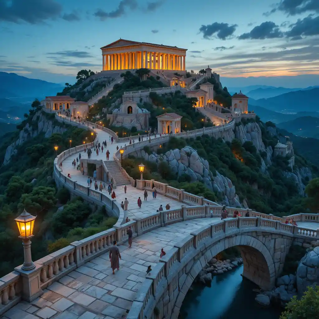 An ancient Greek temple complex climbing a mountain path at twilight
